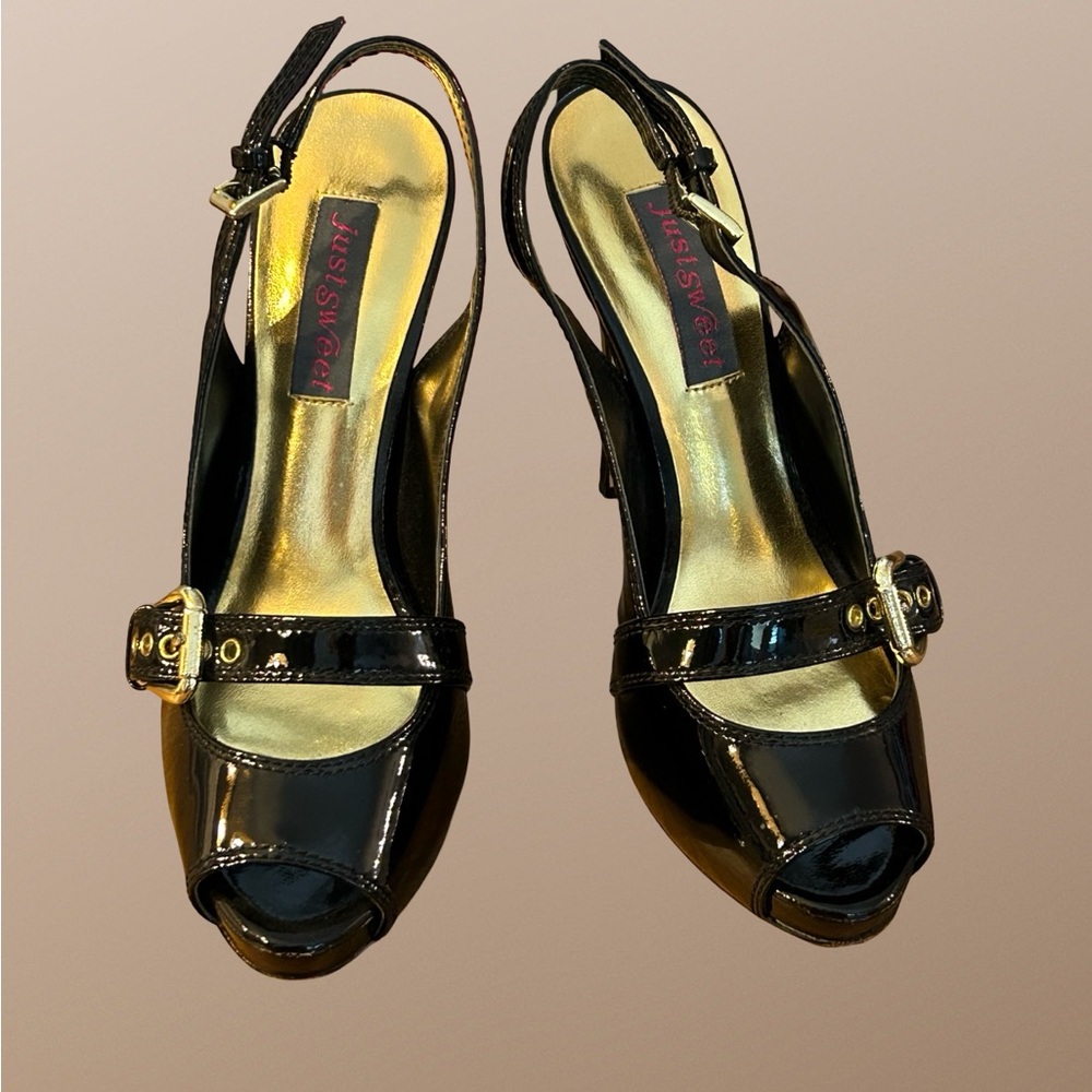 Patent Leather Peep-toe Slingback Stilettos; vintage; size 6